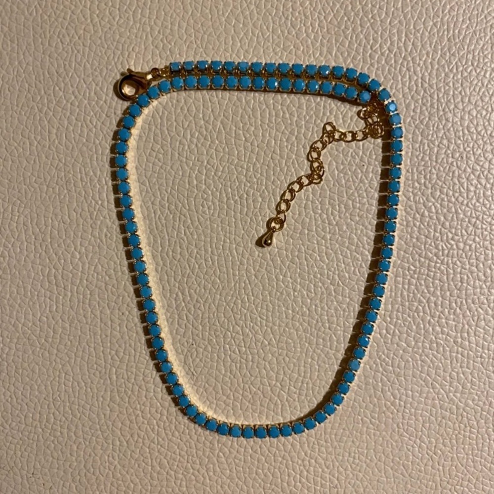 Natural Turquoise Round Cut Tennis Necklace 14K Yellow Gold Plated